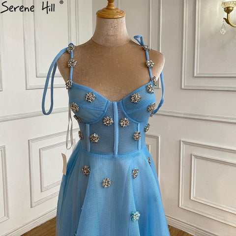 Blue Diamond A-line Evening Dresses Gowns 2025 Spaghetti Srtap Sexy Ankle Length For Women Party LA70862