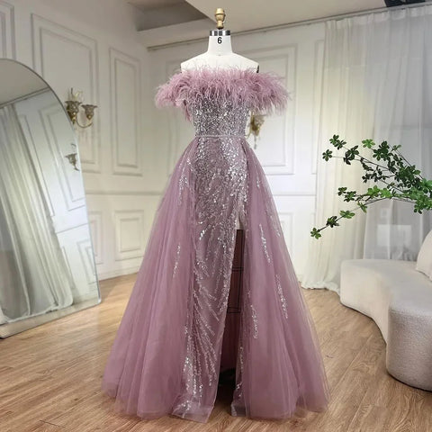 Vestido de noche elegante de sirena con plumas y sobrefalda azul diamante 2025 para mujer, ideal para bodas y fiestas LA72061 