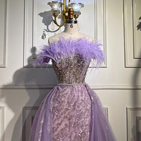 Vestido de noche elegante de sirena con plumas y sobrefalda azul diamante 2025 para mujer, ideal para bodas y fiestas LA72061 