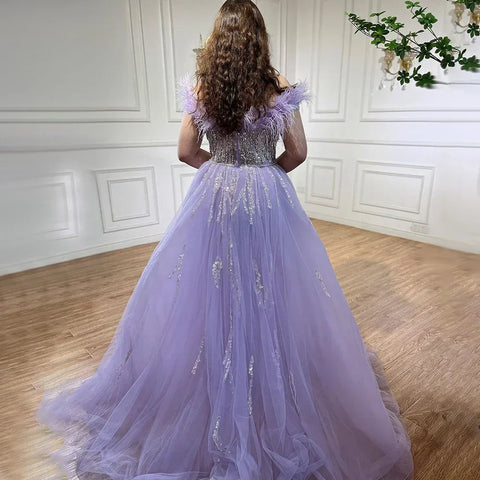 Vestido de noche elegante de sirena con plumas y sobrefalda azul diamante 2025 para mujer, ideal para bodas y fiestas LA72061 