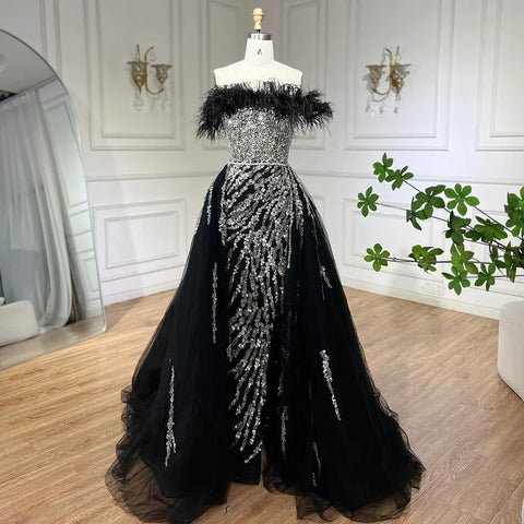 Vestido de noche elegante de sirena con plumas y sobrefalda azul diamante 2025 para mujer, ideal para bodas y fiestas LA72061 