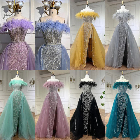 Vestido de noche elegante de sirena con plumas y sobrefalda azul diamante 2025 para mujer, ideal para bodas y fiestas LA72061 