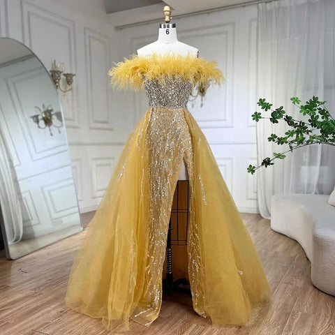 Vestido de noche elegante de sirena con plumas y sobrefalda azul diamante 2025 para mujer, ideal para bodas y fiestas LA72061 