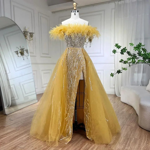 Vestido de noche elegante de sirena con plumas y sobrefalda azul diamante 2025 para mujer, ideal para bodas y fiestas LA72061 