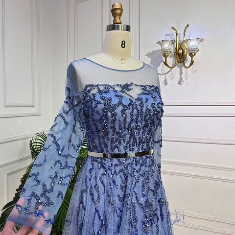 Vestidos de noche árabes de lujo, elegantes, corte A, encaje, cuentas y plumas, color azul, para mujer, ideales para bodas y fiestas (modelo LA71935A). 