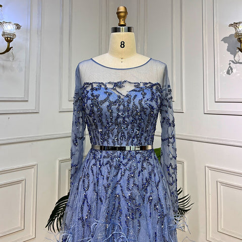 Vestidos de noche árabes de lujo, elegantes, corte A, encaje, cuentas y plumas, color azul, para mujer, ideales para bodas y fiestas (modelo LA71935A). 
