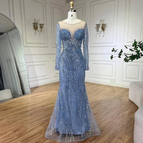 Blue Elegant Mermaid Dubai Arabia Luxury Beaded Pearls Evening Dresses Gowns 2025 For Women Wedding Party LA72264