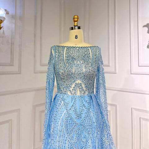 Blue Elegant Mermaid Over Skirt Lace Beaded Floor Length Muslim Evening Dresses Gowns For Women Party 2025 LA71830