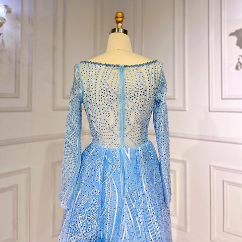 Blue Elegant Mermaid Over Skirt Lace Beaded Floor Length Muslim Evening Dresses Gowns For Women Party 2025 LA71830