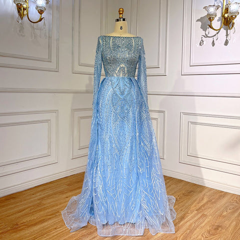 Blue Elegant Mermaid Over Skirt Lace Beaded Floor Length Muslim Evening Dresses Gowns For Women Party 2025 LA71830