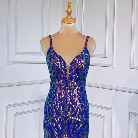 Vestido de noche árabe de lujo, elegante, sexy, con espalda descubierta, tirantes finos y cuentas, estilo sirena azul, para mujer, ideal para fiestas (LA71791) 