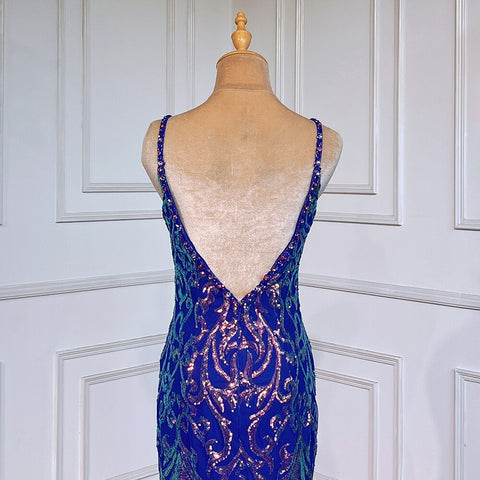 Vestido de noche árabe de lujo, elegante, sexy, con espalda descubierta, tirantes finos y cuentas, estilo sirena azul, para mujer, ideal para fiestas (LA71791) 