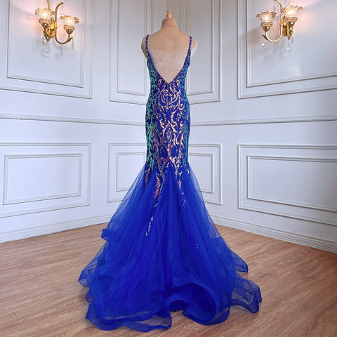 Vestido de noche árabe de lujo, elegante, sexy, con espalda descubierta, tirantes finos y cuentas, estilo sirena azul, para mujer, ideal para fiestas (LA71791) 