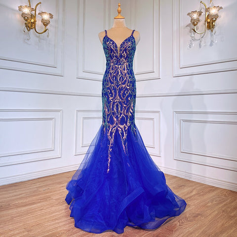 Vestido de noche árabe de lujo, elegante, sexy, con espalda descubierta, tirantes finos y cuentas, estilo sirena azul, para mujer, ideal para fiestas (LA71791) 