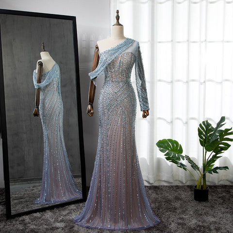 Blue Elegant Mermaid Sexy One Shoulder Beaded Luxury  Evening Dresses Gowns For Women Party 2025 LA71429A