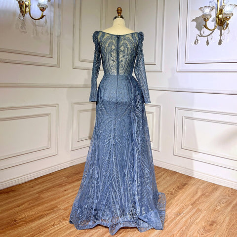 Robe de soirée sirène bleue élégante et sexy en dentelle et perles, luxueuse tenue de soirée pour femmes musulmanes, 2025, LA71833 