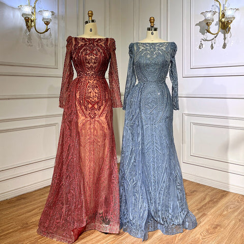 Robe de soirée sirène bleue élégante et sexy en dentelle et perles, luxueuse tenue de soirée pour femmes musulmanes, 2025, LA71833 