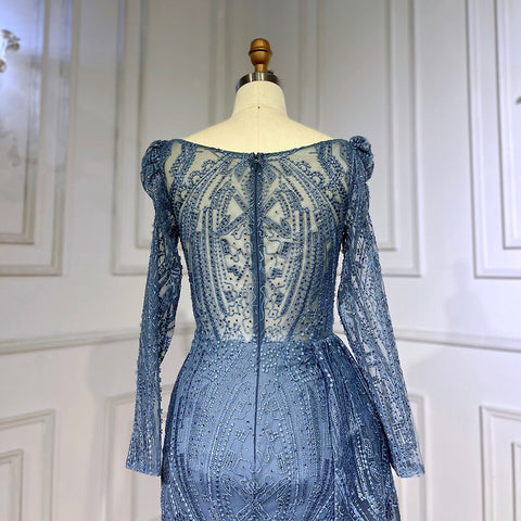 Robe de soirée sirène bleue élégante et sexy en dentelle et perles, luxueuse tenue de soirée pour femmes musulmanes, 2025, LA71833 