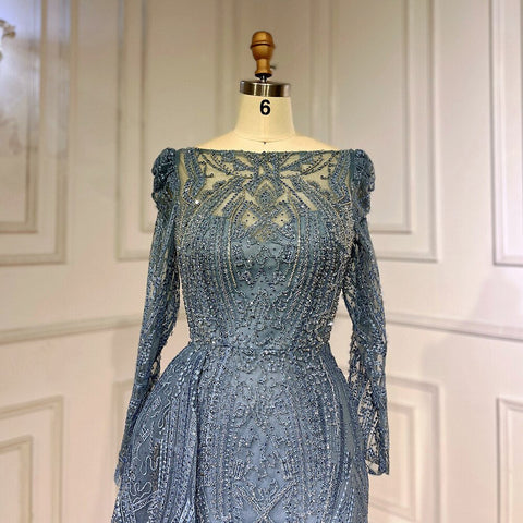 Robe de soirée sirène bleue élégante et sexy en dentelle et perles, luxueuse tenue de soirée pour femmes musulmanes, 2025, LA71833 