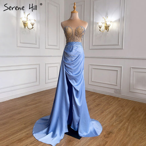 Blue High Split Mermaid Evening Dresses Gowns 2025 Beaded Elegant Stain For Women Party LA71262