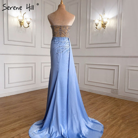 Blue High Split Mermaid Evening Dresses Gowns 2025 Beaded Elegant Stain For Women Party LA71262