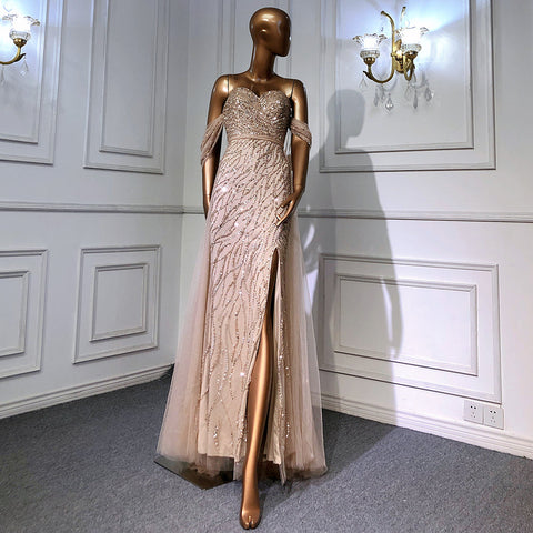 Blue High Split Mermaid Evening Dresses Gowns 2025 Beaded Elegant Luxury For Woman Party LA71595