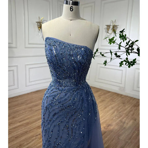 Blue High Split With Skirt Mermaid Strapless Beaded Evening Dresses Gowns For Women Party 2025 LA71795