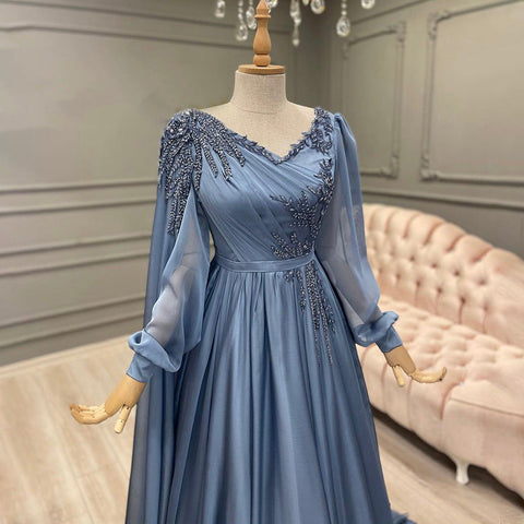 Blue Kralen Cape Mouwen Avond Jurken 2025 A-lijn Luxe Voor Vrouwen Wedding Party LA71550