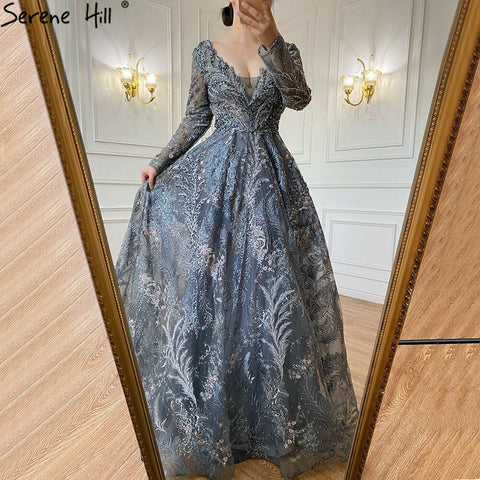 Blue Lace Beaded Evening Dresses Gowns 2025 A-Line Luxury For Woman Wedding Party LA71249