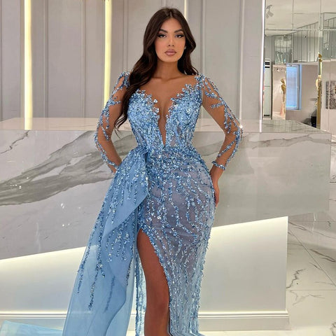 Vestidos de noche elegantes de sirena azul de manga larga con abertura alta, estilo 2025, vestidos de fiesta sexys para mujer con falda lateral LA72044 