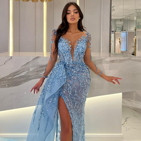 Vestidos de noche elegantes de sirena azul de manga larga con abertura alta, estilo 2025, vestidos de fiesta sexys para mujer con falda lateral LA72044 