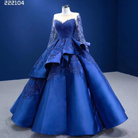 Blue Long Ssleeves Beaded Lace Lace Up Ball Gown Bride Gowns Wedding Dress High End Custom Made 2025 HM222104