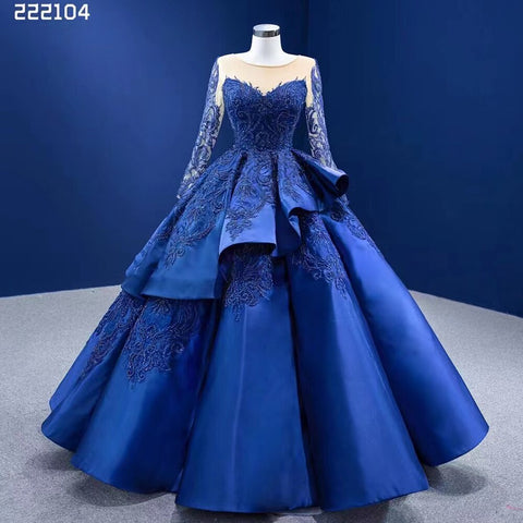 Blue Long Ssleeves Beaded Lace Lace Up Ball Gown Bride Gowns Wedding Dress High End Custom Made 2025 HM222104