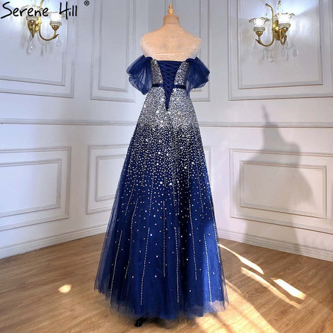 Vestidos de noche de lujo azul corte A, colección 2025, con cuentas brillantes y cordones, para mujer, ideales para fiestas (LA71157A). 