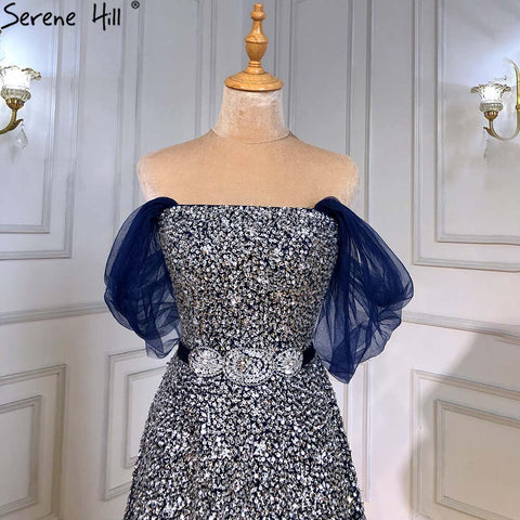 Vestidos de noche de lujo azul corte A, colección 2025, con cuentas brillantes y cordones, para mujer, ideales para fiestas (LA71157A). 