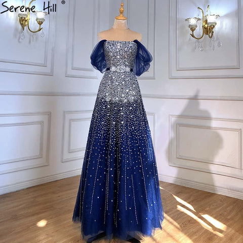 Vestidos de noche de lujo azul corte A, colección 2025, con cuentas brillantes y cordones, para mujer, ideales para fiestas (LA71157A). 