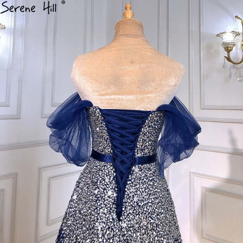 Vestidos de noche de lujo azul corte A, colección 2025, con cuentas brillantes y cordones, para mujer, ideales para fiestas (LA71157A). 