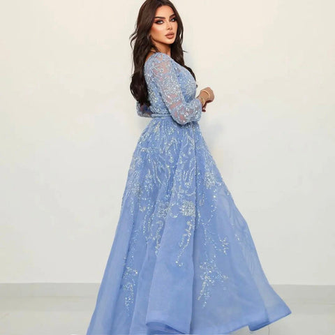 Blue Luxury A-Line Evening Dresses Gowns 2025 Beaded Long Sleeves For Woman Party LA71596