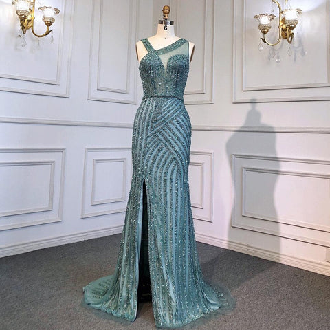 On Sale no return no refund Blue Luxury High Split Evening Dresses Gowns Beaded Elegant Mermaid 2025 For Woman Party LA71580