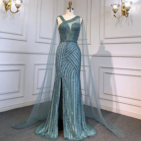 On Sale no return no refund Blue Luxury High Split Evening Dresses Gowns Beaded Elegant Mermaid 2025 For Woman Party LA71580