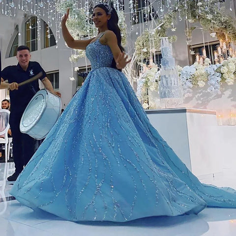 Blue Luxury High end Wedding Dresses 2025 Beaded Sleeveless Lace Up Bridal Dress HM67331 Custom Made