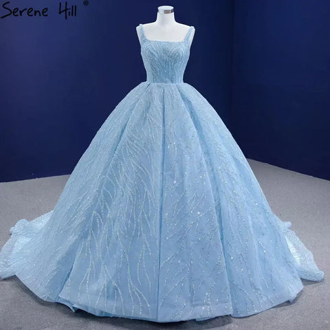 Blue Luxury High end Wedding Dresses 2025 Beaded Sleeveless Lace Up Bridal Dress HM67331 Custom Made