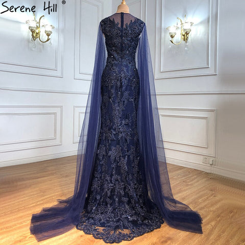 Blue Luxury Mermaid Evening Dresses Gowns2025 Cape Sleeves Beaded Elegant For Woman Party LA71163