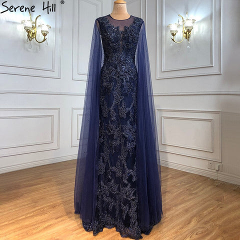 Blue Luxury Mermaid Evening Dresses Gowns2025 Cape Sleeves Beaded Elegant For Woman Party LA71163