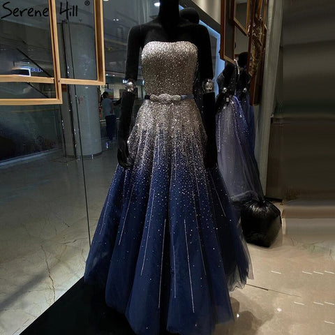 Blue Luxury Strapless Evening Dresses Gowns 2025 Beaded Bling A-Line Luxury For Women Party LA71157