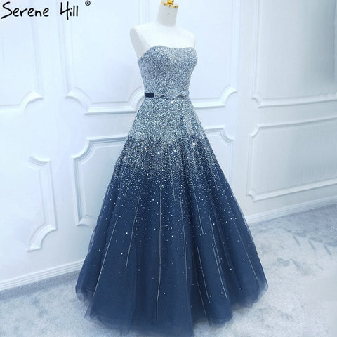 Blue Luxury Strapless Evening Dresses Gowns 2025 Beaded Bling A-Line Luxury For Women Party LA71157