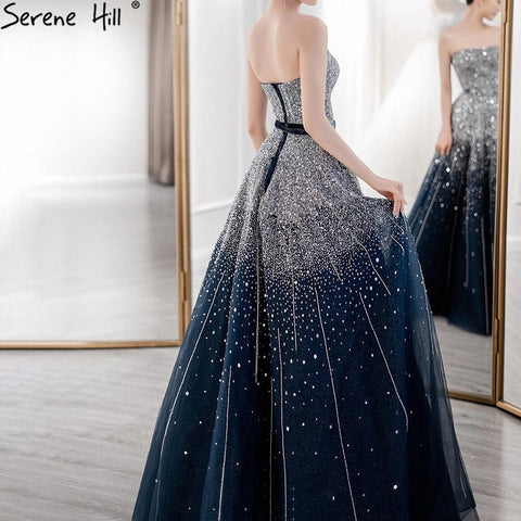 Blue Luxury Strapless Evening Dresses Gowns 2025 Beaded Bling A-Line Luxury For Women Party LA71157