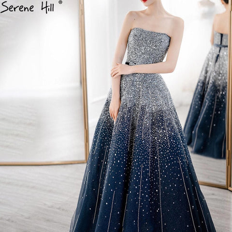 Blue Luxury Strapless Evening Dresses Gowns 2025 Beaded Bling A-Line Luxury For Women Party LA71157