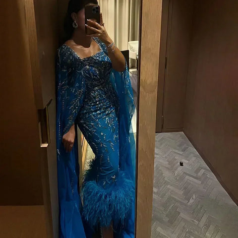 Blue Mermaid Ankle Length Feather Beaded Evening Dress Gown with Cape LA71841A