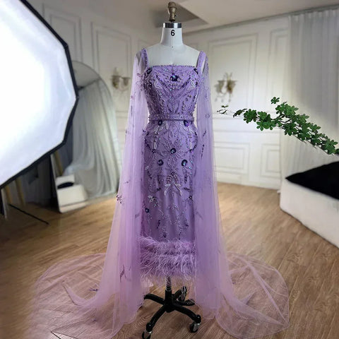 Blue Mermaid Ankle Length Feather Beaded Evening Dress Gown with Cape LA71841A